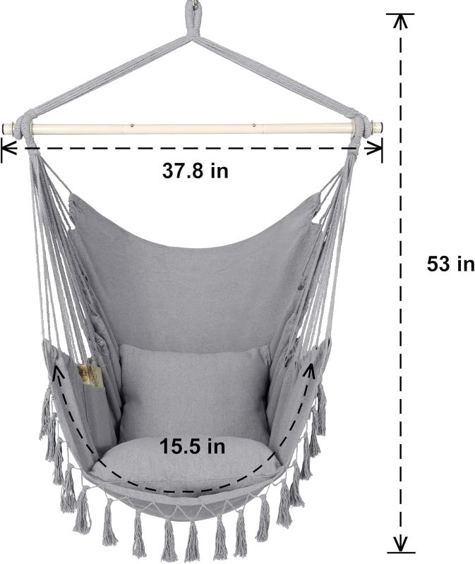 Photo 4 of (READ FULL POST) Y- STOP Hammock Chair Hanging Rope Swing, Max 500 Lbs, 2 Cushions Included, Large Macrame Hanging Chair with Pocket for Superior Comfort, with Hardware Kit (Light Grey)