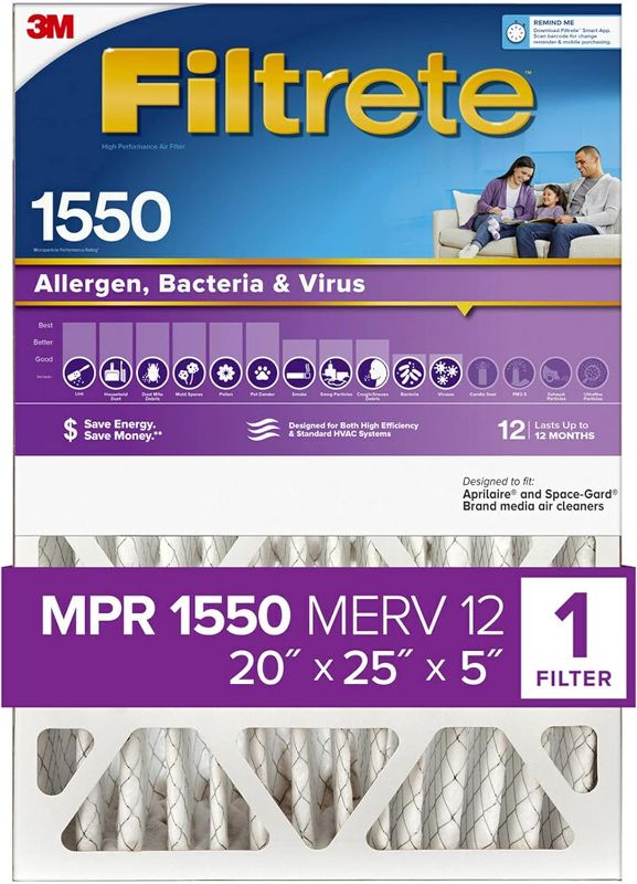 Photo 1 of (READ FULL POST) Filtrete 20x25x5 Air Filter MPR 1550 DP MERV 12, Healthy Living Ultra Allergen Deep Pleat, 1-Pack, Fits Lennox & Honeywell Devices (exact dimensions 19.56 x 24.19 x 4.69)
