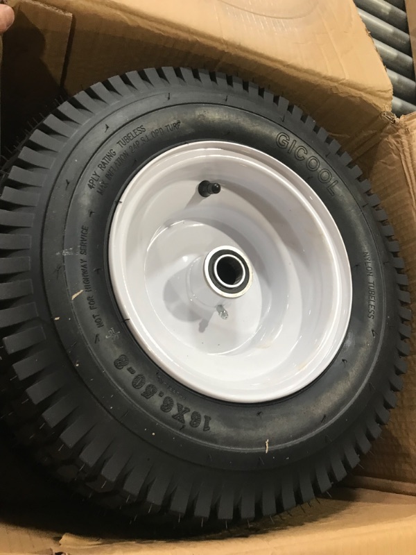 Photo 3 of 16x6.50-8 Tubeless Tire and Wheel, 16x6.5-8" Lawn Mower Tires, 4" Centered Hub, 1" Bearing, Universal Fit Riding Mower and Garden Tractor Front Wheels, 4 Ply, V-Turf Pattern, 2 Pack 16x6.50-8 Tubeless (4" Centered Hub,1" Bore)