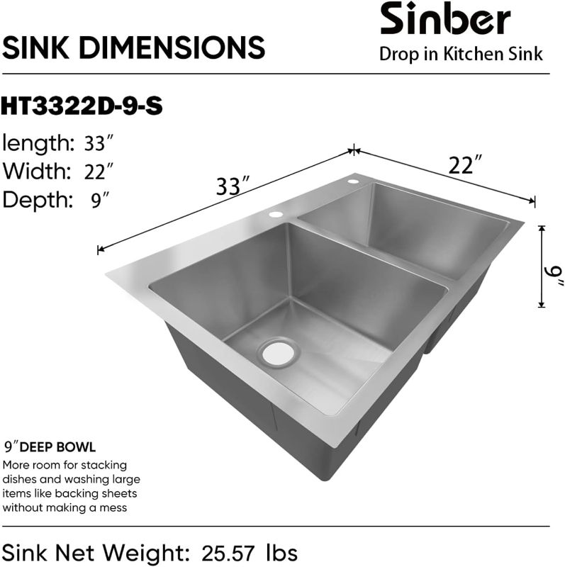 Photo 3 of **FAUCET NOT INCLUDED** READ NOTES**
 Sinber 33" x 22" x 9" Drop In Double Bowl Kitchen Sink with 18 Gauge 304 Stainless Steel Satin Finish HT3322D-9-S (Sink Only)
