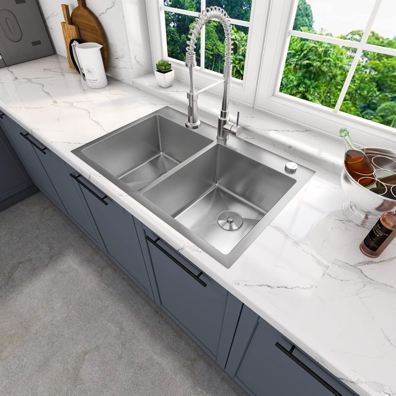 Photo 1 of (READ FULL POST) Sinber 33" x 22" x 9" Drop In Double Bowl Kitchen Sink with 18 Gauge 304 Stainless Steel Satin Finish HT3322D-9-S (Sink Only)
