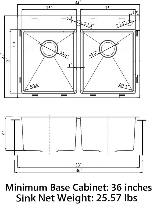 Photo 4 of **FAUCET NOT INCLUDED** READ NOTES**
 Sinber 33" x 22" x 9" Drop In Double Bowl Kitchen Sink with 18 Gauge 304 Stainless Steel Satin Finish HT3322D-9-S (Sink Only)
