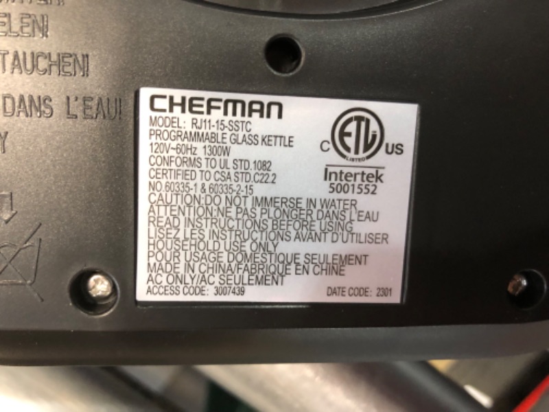 Photo 5 of ***USED - LIKELY MISSING PARTS - UNABLE TO TEST***
Chefman Digital Electric Glass Kettle, No.1 Kettle Manufacturer, Removable Tea Infuser Included, 8 Presets & Programmable Temperature Control, Auto Shutoff, Water Filter, 6+ Cup Capacity, 1.5 Liter Team I