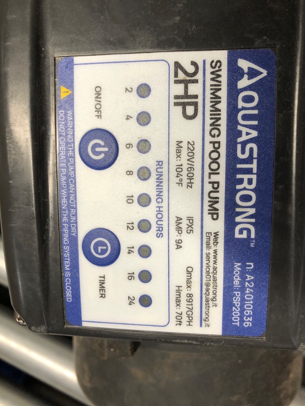 Photo 5 of ***USED - DAMAGED - UNTESTED - SEE COMMENTS***
AQUASTRONG 2HP In/Above Ground Pool Pump with Timer, 115V, 8917GPH, High Flow, Powerful Self Primming Swimming Pool Pumps with Filter Basket-B