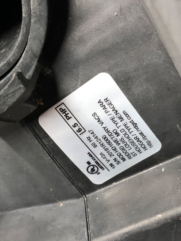 Photo 3 of ***HEAVILY USED AND DIRTY - MISSING PARTS - SEE PICTURES - UNABLE TO TEST***
RIDGID 16 Gallon 6.5 Peak HP NXT Shop Vac Wet Dry Vacuum with Detachable Blower, Filter, Locking Hose and Accessories