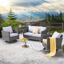 Photo 1 of ***one chair only***XIZZI Mirage Gray 4-Piece Wicker Outdoor Rocking Chair Set with Gray Cushions