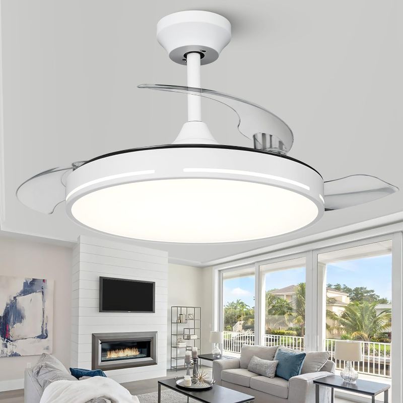 Photo 1 of 42 inch Retractable Ceiling Fan with Light and Remote, Full Spectrum Ceiling Fan, White Modern Fandelier with LED Memory Light Retractable Blades DC Motor for Bedroom Living Dining Room
