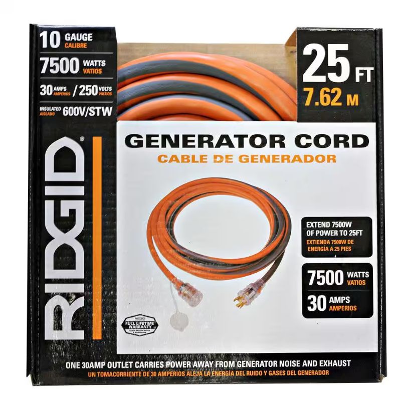 Photo 1 of ***USED - UNABLE TO TEST***
RIDGID 25 ft. 10/4 Heavy Duty Outdoor L14-30 Amp Generator Extension Cord with Lighted End, Orange/Grey