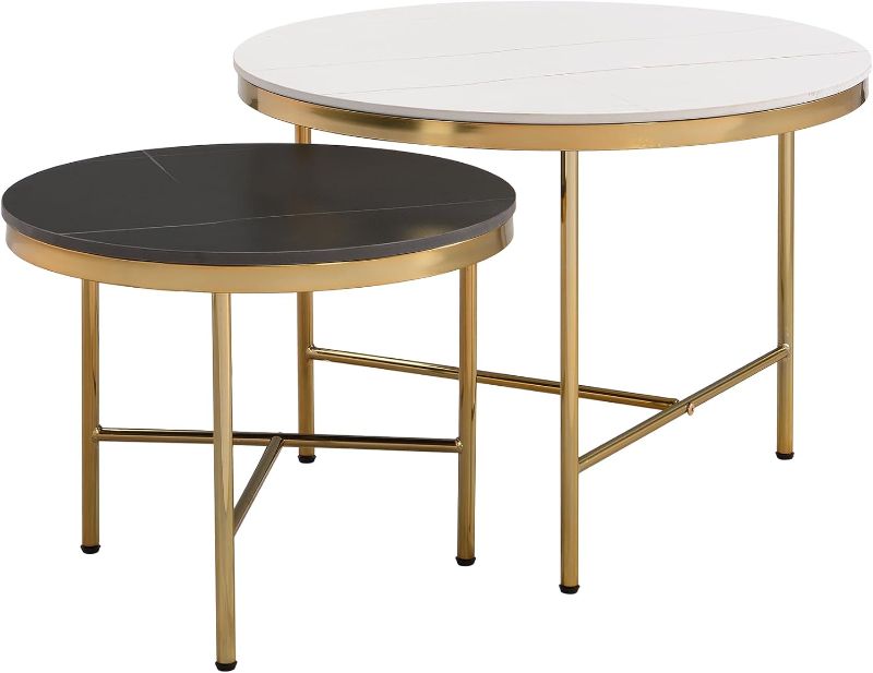 Photo 1 of ***STOCK PHOTO REFERENCE ONLY***Merax 23.6 Black+White 2-Piece Round Nesting Coffee Table Set, Sintered Stone Top Gold Base, Modern for Living Room 17.7
