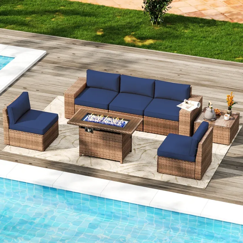 Photo 1 of ***STOCK PHOTO REFERENCE ONLY*** READ NOTES***
7 Pieces Wicker Rattan Patio Conversation Set with 44” Fire Pit Table, Outdoor Sectional Sofa Set with Thickened Cushions and Tempered Glass Coffee Table (Blue/Red/Beige)
