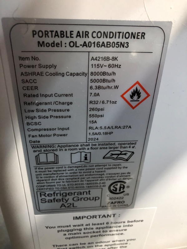 Photo 2 of ***HEAVILY USED AND DIRTY - POWERS ON - UNABLE TO TEST FURTHER - LIKELY MISSING PARTS - SEE PICTURES***
ZAFRO 8,000 BTU Portable Air Conditioners Cool Up to 350 Sq.Ft, 4 Modes Portable AC with Remote Control/Large LED Display/24Hrs Timer/Installation Kits