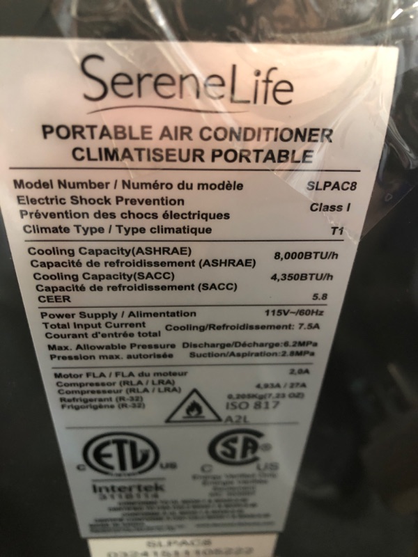 Photo 5 of (USED/ SEE NOTES) SereneLife Small Air Conditioner Portable 8,000 BTU with Built-in Dehumidifier - Portable AC unit for rooms up to 350 sq ft - Remote Control, Window Mount Exhaust Kit White 8,000 BTU Air Conditioner