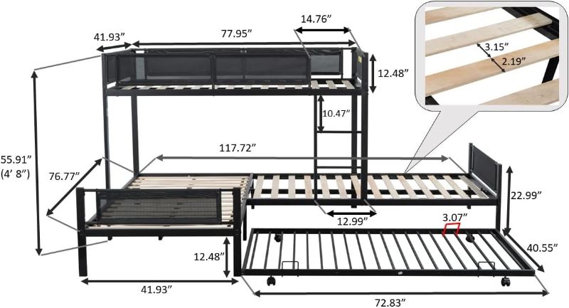 Photo 4 of **NON-REFUNDABLE** (PARTS ONLY) Metal Triple Bunk Bed with Trundle for Kids, L Shaped Twin Over 2 Twin 3 Bunk Beds Heavy Duty Quad Bunk Beds for 4 Teens Adults Toddlers
