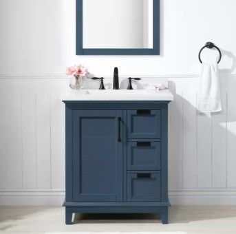 Photo 1 of ***MAJOR DAMAGE - MISSING PARTS - SEE COMMENTS***
Pembroke 30 in. W x 22 in. D x 35 in. H Single Sink Bath Vanity in Grayish Blue with White Engineered Stone Top
