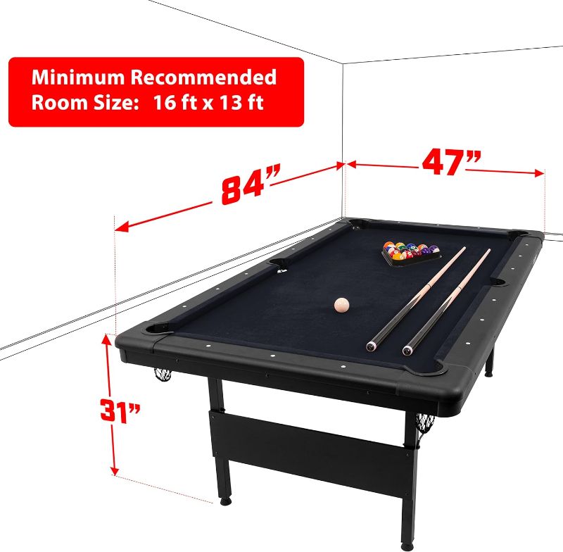 Photo 1 of ***USED - LIKELY MISSING PARTS - UNABLE TO VERIFY FUNCTIONALITY***
GoSports Billiards Table - Portable Pool Table - includes Full Set of Balls, 2 Cue Sticks, Chalk and Felt Brush; Choose Size and Color 7 ft Black