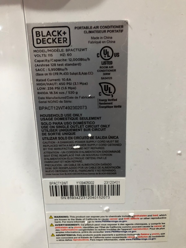 Photo 7 of **Parts Only** BLACK+DECKER 12,000 BTU Portable Air Conditioner up to 550 Sq.Ft. with Remote Control, White