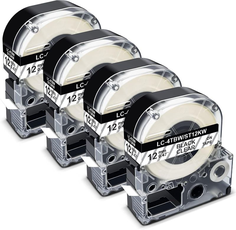 Photo 1 of **missing one** Pristar Compatible Label Tape Replacement for LC-4TBN LK-4TBN ST12KW 12mm 1/2 Inch Black on Clear Refills Label Tape Cartridge - 4-Pack
