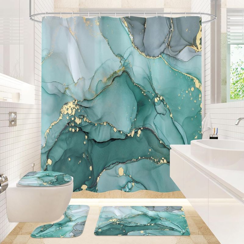 Photo 1 of (READ FULL POST) Gibelle 4 Pcs Turquoise Marble Shower Curtain Set with Non-Slip Rugs, Toilet Lid Cover and Bath Mat