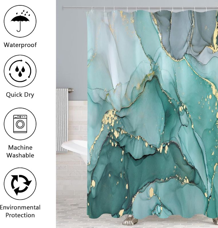 Photo 3 of (READ FULL POST) Gibelle 4 Pcs Turquoise Marble Shower Curtain Set with Non-Slip Rugs, Toilet Lid Cover and Bath Mat