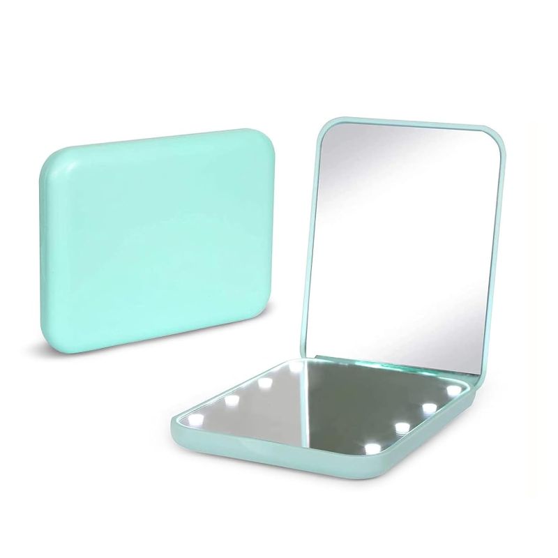 Photo 1 of  Pocket Mirror, 1X/3X Magnification LED Compact Travel Makeup Mirror with Light for Purse, 2-Sided, Portable, Folding, Handheld, Small Lighted Mirror for Gift, Cyan