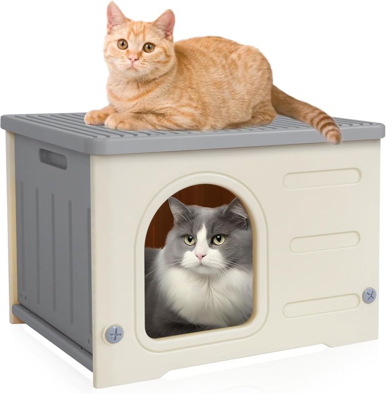 Photo 1 of *** USED***Deblue Plastic Cat House for Indoor Outdoor, Weatherproof Outside Cat House for Feral Cats, Unique Cat Shelter for Small Pet, Spacious, Easy to Assemble - Grey
