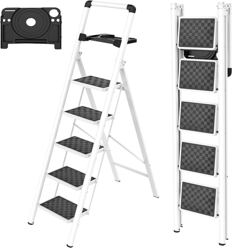 Photo 1 of 
HBTower Step Ladder, 5 Step Ladder Folding Step Stool with Tool Platform, Portable Sturdy Steel Ladder for Adults Home Outdoor Kitchen Garage, White