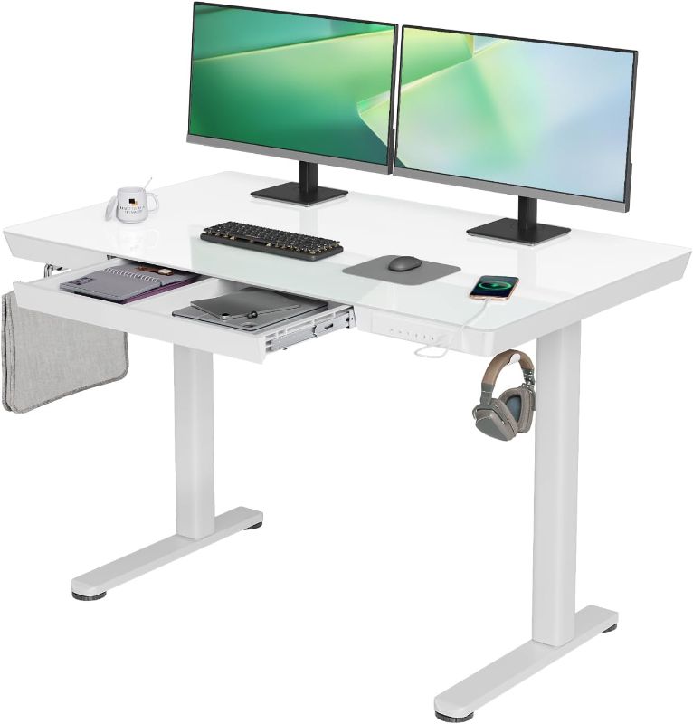 Photo 1 of 
YDN Glass Standing Desk with Drawers, 48 x 24 Inch Electric Stand Up Desk with USB Ports, Adjustable Height Desk for Home Office, White