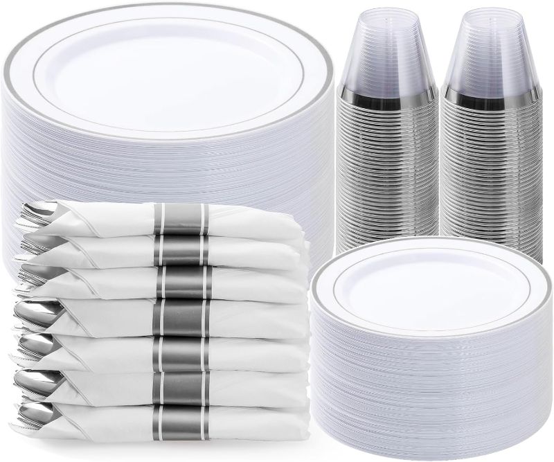 Photo 1 of 
BESTVIP 350PCS Silver Plastic Dinnerware Set, Disposable Party Plates for 50 Guests, Include: 100 Plastic Plates, 50 Pre Rolled Napkins with Silver