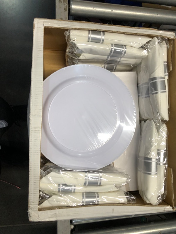 Photo 2 of 
BESTVIP 350PCS Silver Plastic Dinnerware Set, Disposable Party Plates for 50 Guests, Include: 100 Plastic Plates, 50 Pre Rolled Napkins with Silver