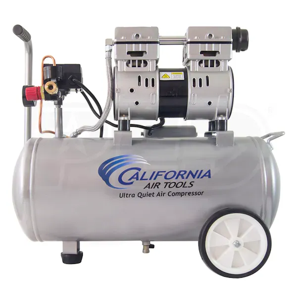 Photo 1 of (read clerk notes) California Air Tools Ultra Quiet & Oil Free 1-HP 8-Gallon Steel Tank Air Compressor (Missing wheel hardware and damaged muffler) 