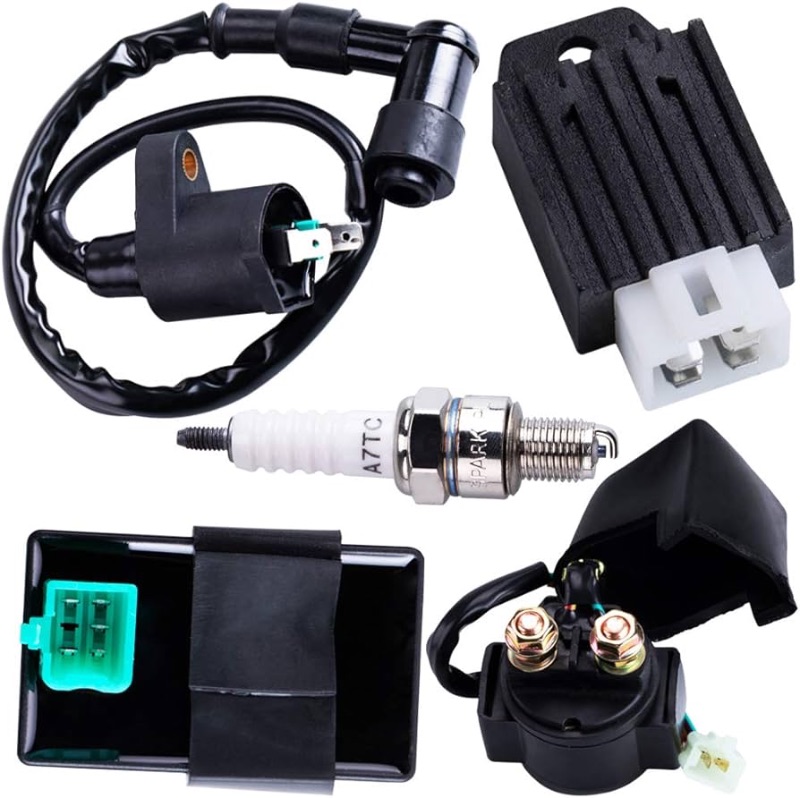 Photo 1 of  CNCMOTOK 
CDI Box Ignition Coil Solenoid Relay Voltage Regulator with Spark Plug Set of Five(5) for 50cc 70cc 90cc 110cc 125cc ATV Dirt Bike and Go Kart