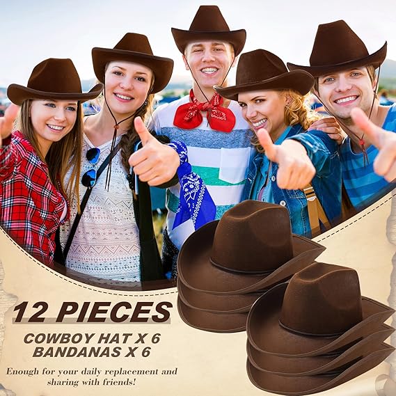 Photo 1 of (READ FULL POST) 12 Pcs Adult Cowboy Hat for Women and Men Western Cowgirl Hats with Adjustable Drawstring and Cowboy Party Paisley Bandana Dark Brown