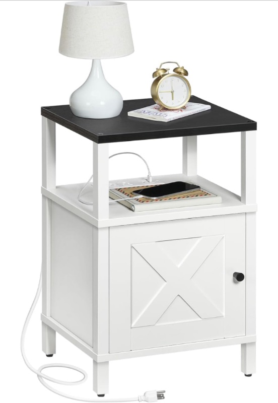 Photo 1 of **HARDWARE NOT INCLUDED**
Nightstand with Charging Station, Bedside Table with USB&Type-C Ports and Outlets, End Table with Storage, Farmhouse Night Stand for Bedroom, White and Black ETBW96E01