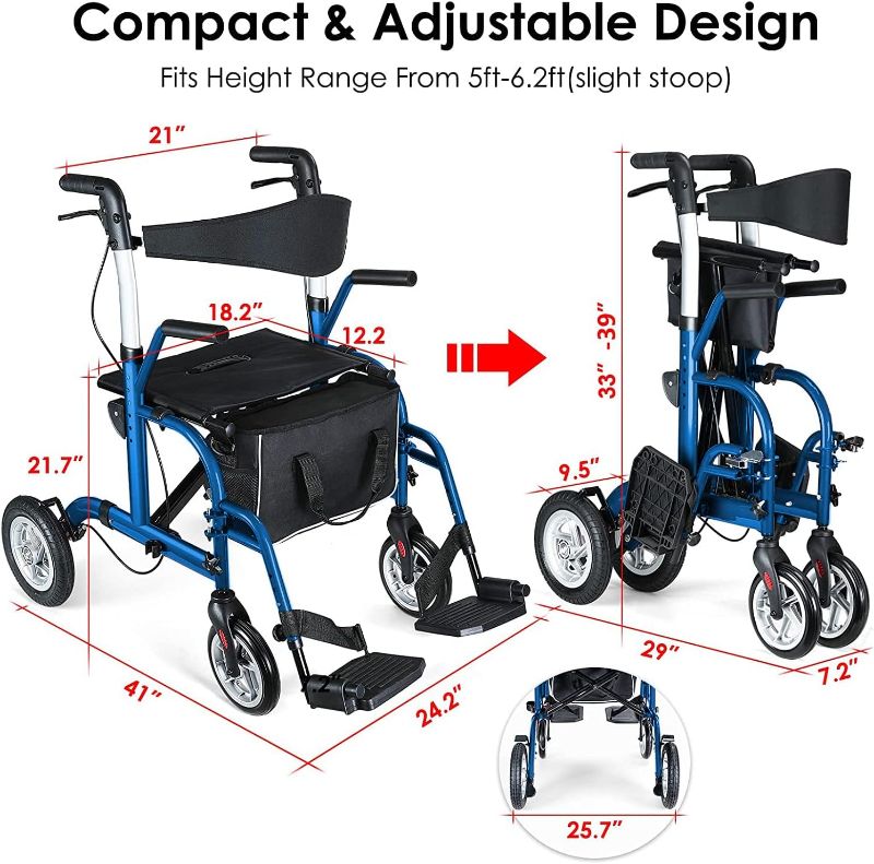 Photo 5 of (READ FULL POST) HEALCONNEX 2in 1 Rollator Walker for Seniors-Medical Walker with Seat,Folding Transport Wheelchair Rollator with 10" Big PU Rear Wheels,Reversible Soft Backrest and Detachable Footrests Blue
