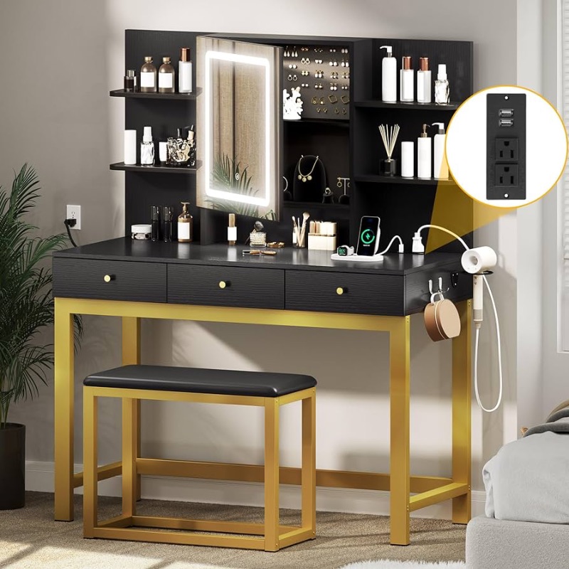 Photo 1 of ***STOCK PHOTO REFERENCE ONLY***DWVO Upgraded Wider Makeup Vanity with Adjustable 3 Color Lighted Mirror, Black Vanity Desk w/Charger Station, Plus Large Vanity Stool, 3 Drawer, Hidden & Open Storage Shelf Vanity Set for Girl Women