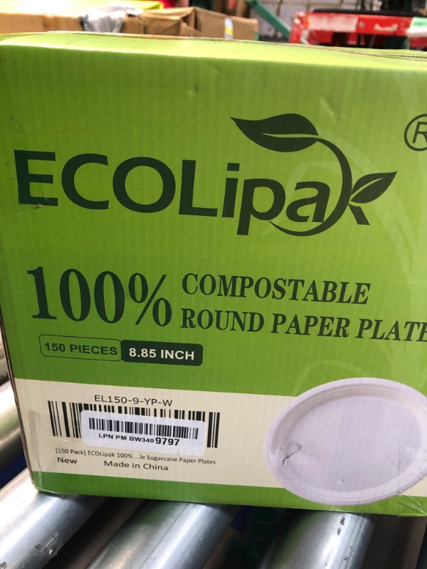 Photo 2 of ***FACTORY SEALED***ECOLipak 9 inch 150 Pack Compostable Paper Plates, Heavy Duty Disposable Biodegradable Eco-friendly Sugarcane Bagasse Plates for Party Dinner White 9 inch