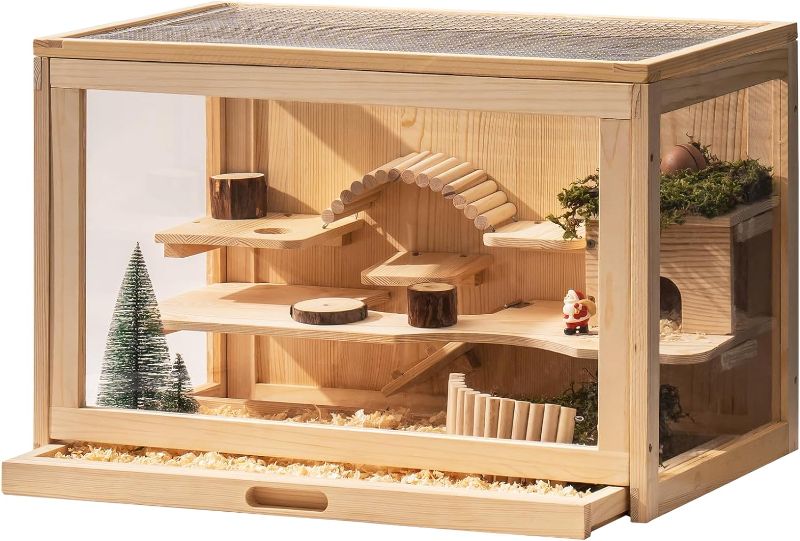 Photo 1 of (READ FULL POST) Mewoo Wooden Hamster Cage for Dwarf Hamsters Large Acrylic Hamster Cage and Habitats with Hideout & Shelf & Ladder, Small Animal Cage for Guinea Pig Rat Mouse Gerbil (23.6" L x 15.7" W x 15.7" H)
