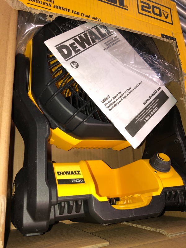 Photo 2 of ***MISSING BATTERY - UNABLE TO TEST - SEE PICTURES***
DEWALT 20V MAX Jobsite Fan, Cordless, Portable, Bare Tool Only (DCE512B) Yellow/Black