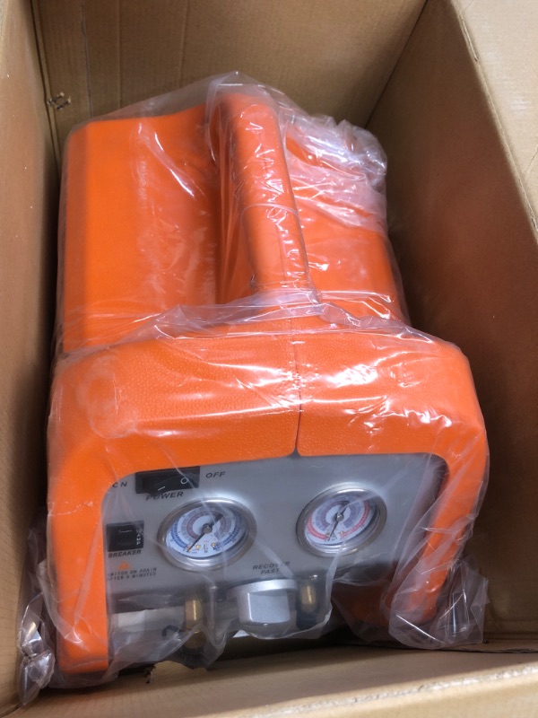 Photo 1 of ***STOCK PHOTO REFERENCE ONLY***
3/4HP Single Cylinder Refrigerant Recovery Machine, 110V 60Hz Portable Oil-less Freon Recycling Unit for Both Liquid and Vapor Refrigerant, for Automotive A/C System, Household HVAC System--ORANGE