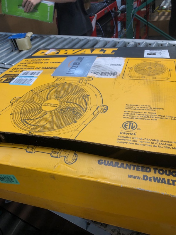 Photo 2 of ***USED***DEWALT DXF1840 Floor Fan, Industrial Fan, 18 Inch High Velocity Fan with 3-Speed Heavy Duty Air Circulator and 180 Adjustable Tilt, Large Electric Metal Rotating Garage Fan, Drum Fan for Work, Yellow