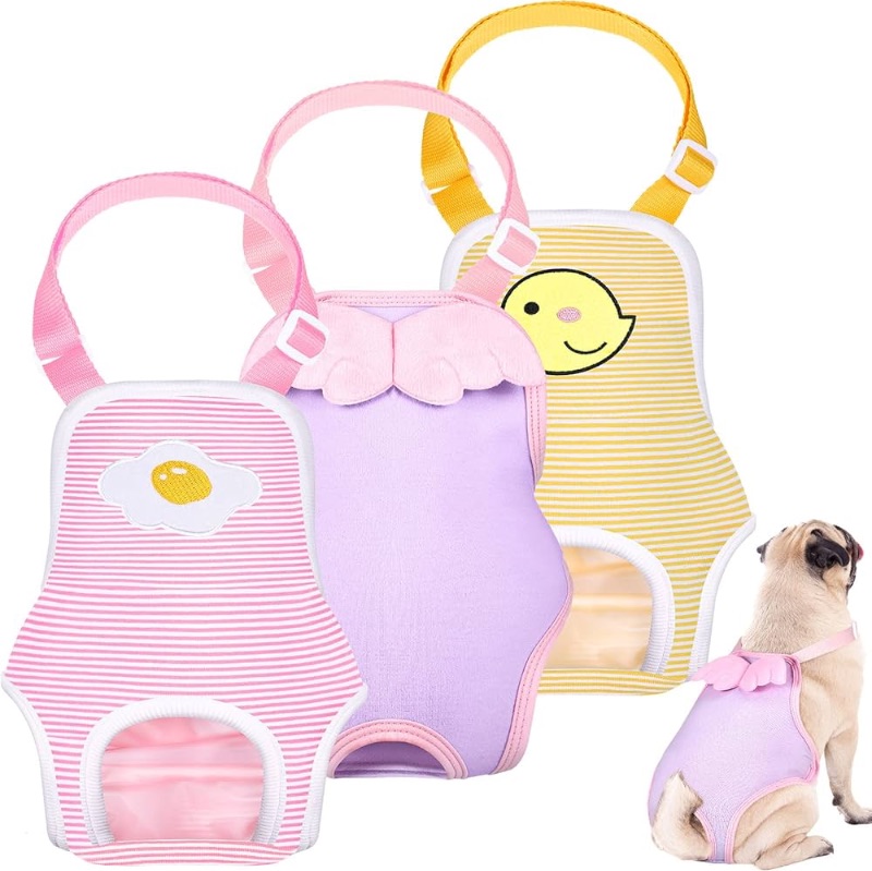 Photo 1 of 3 Pieces Dog Diaper Striped Sanitary Pantie with Adjustable Suspender Washable Reusable Puppy Sanitary Panties Cute Pet Underwear Diaper Jumpsuits for Female Dogs (Delicate Pattern, M)