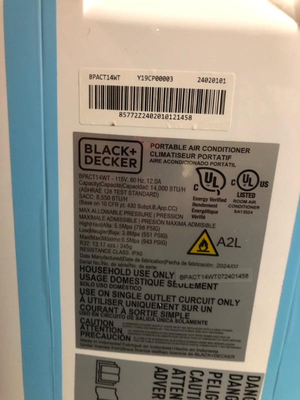 Photo 9 of ***USED - POWERS ON - UNABLE TO TEST FURTHER - LIKELY MISSING PARTS***
BLACK+DECKER Air Conditioner, 14,000 BTU Air Conditioner Portable for Room up to 700 Sq. Ft., 3-in-1 AC Unit, Dehumidifier, & Fan, Portable AC with Installation Kit & Remote Control Wh