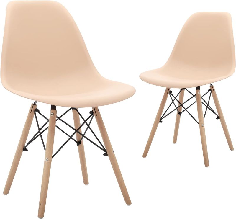 Photo 1 of CangLong Modern Mid-Century Shell Lounge Plastic Natural Wooden Legs for Kitchen, Dining, Bedroom, Living Room Side Chairs, Set of 2, Beige
