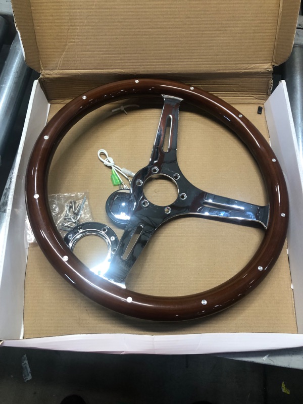 Photo 2 of 15" 6 Bolt Wood Grain Racing Rivet Steering Wheel Vintage Nostalgia Style Steering Wheel with Horn Buttons 15'' Rivet Style