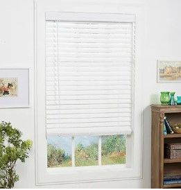 Photo 1 of allen + roth Trim at Home 2-in Slat Width 58-in x 48-in Cordless White Faux Wood Room Darkening Horizontal Blinds
