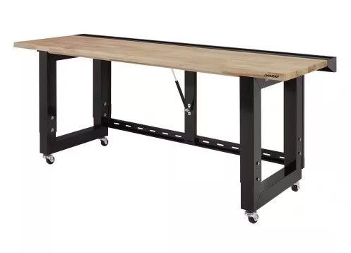 Photo 1 of **MISSING ITS WHEELS**  Husky Ready-To-Assemble 6 ft. Folding Adjustable Height Solid Wood Top Workbench in Black