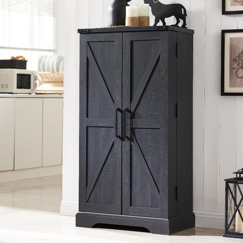 Photo 1 of 47" Kitchen Pantry, Farmhouse Storage Cabinet with Barn Doors, Organizer and Adjustable Shelves, Rustic Wood Cupboard for Kitchen, Dining Room, Bathroom and Hallway, GRAY 
