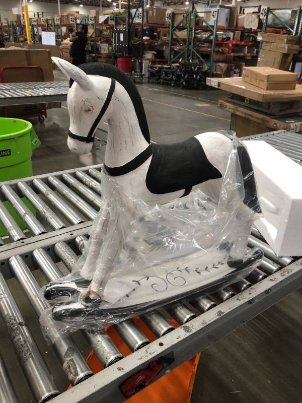 Photo 1 of National Tree Company HGTV Home Collection Christmas Rocking Horse Decoration, Carved Wooden Design, White and Black, Weather Worn Finish, Winter Collection, 2 Feet
