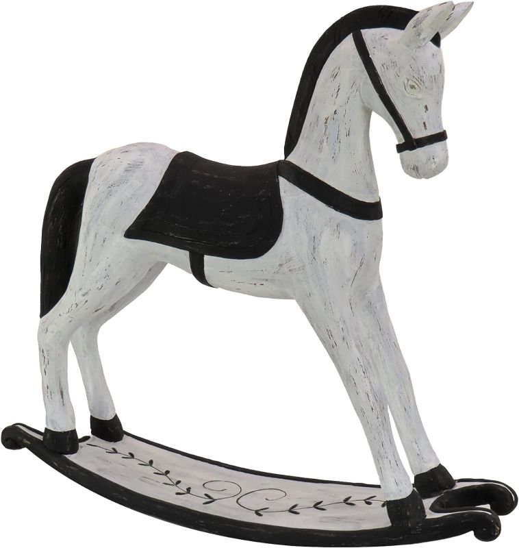 Photo 1 of National Tree Company HGTV Home Collection Christmas Rocking Horse Decoration, Carved Wooden Design, White and Black, Weather Worn Finish, Winter Collection, 2 Feet
