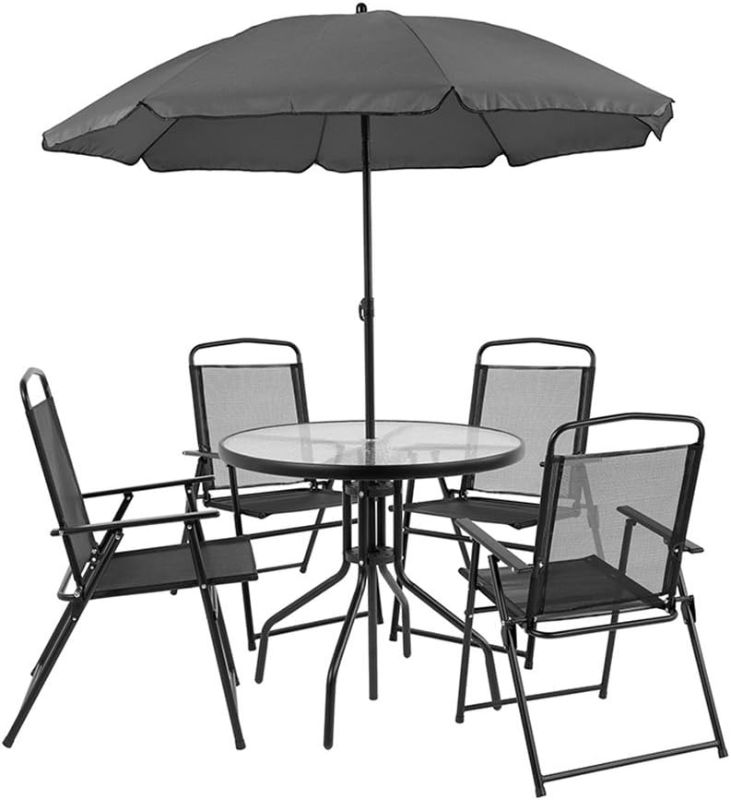 Photo 1 of Flash Furniture Nantucket 6 Piece Patio Garden Table Set - Umbrella Table - Set of 4 Black Folding Chairs
